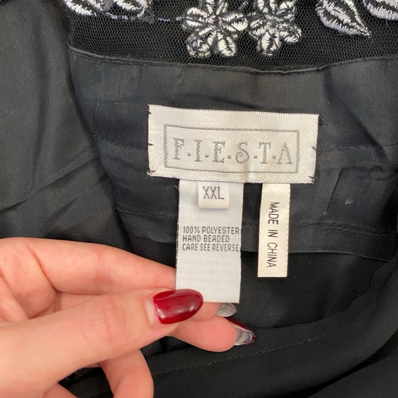 Vintage Black Embroidered Floral Beaded Mesh Evening Gown w/ Scarf | 90’s Y2K - Picture 11 of 11